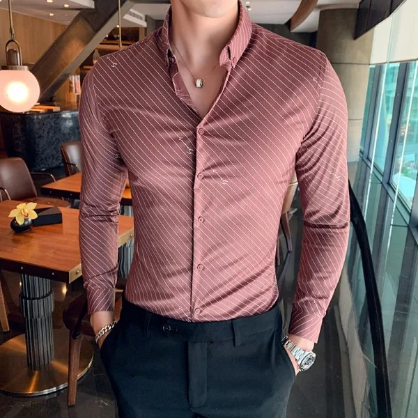 Chemise Homme британский стиль Для мужчин рубашка в полоску с длинными рукавами, высокое качество, отложной воротник, деловая, общественная рубашки Для мужчин клубный костюм-смокинг - Цвет: Красный