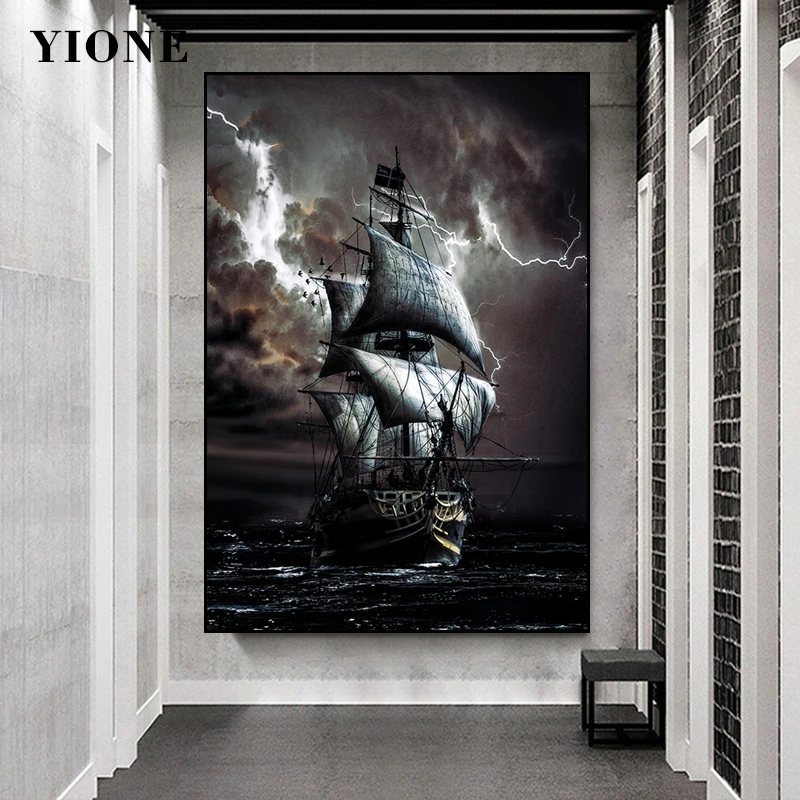 

Retro Pirate Ship Black Sailboat Night Sea Sailing Canvas Painting Landscape Picture Wall Art Poster Print for Living Room Decor