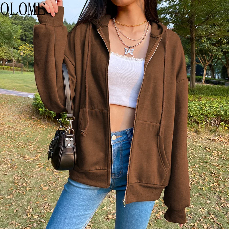 

OLOME Brown Zip Hooded Sweatshirt Winter Jacket Top Oversized Hoodie Retro Pocket Woman Clothes Long Sleeve Pullover