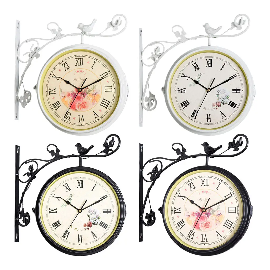 

Vintage Style Metal Double Sided Retro Wall Hanging Clock Garden Decor, Silent Non-Ticking