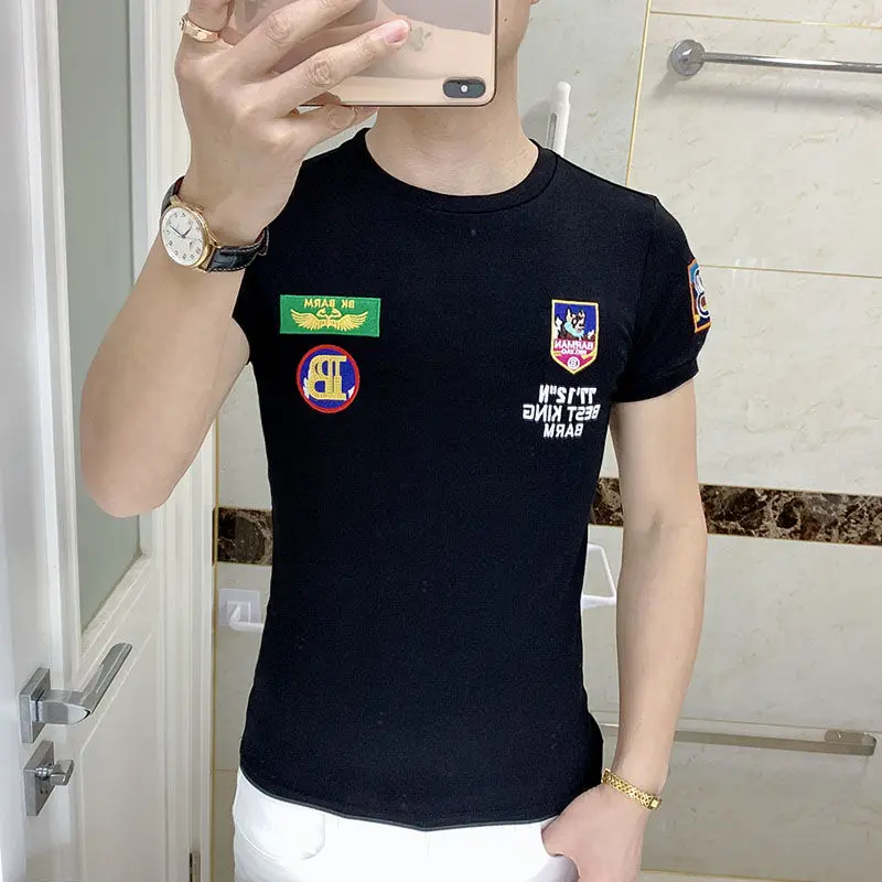 

Social spirit guy round neck short sleeve T-shirt 2021 summer new fashion fashion men's personalized embroidery slim half sleeve