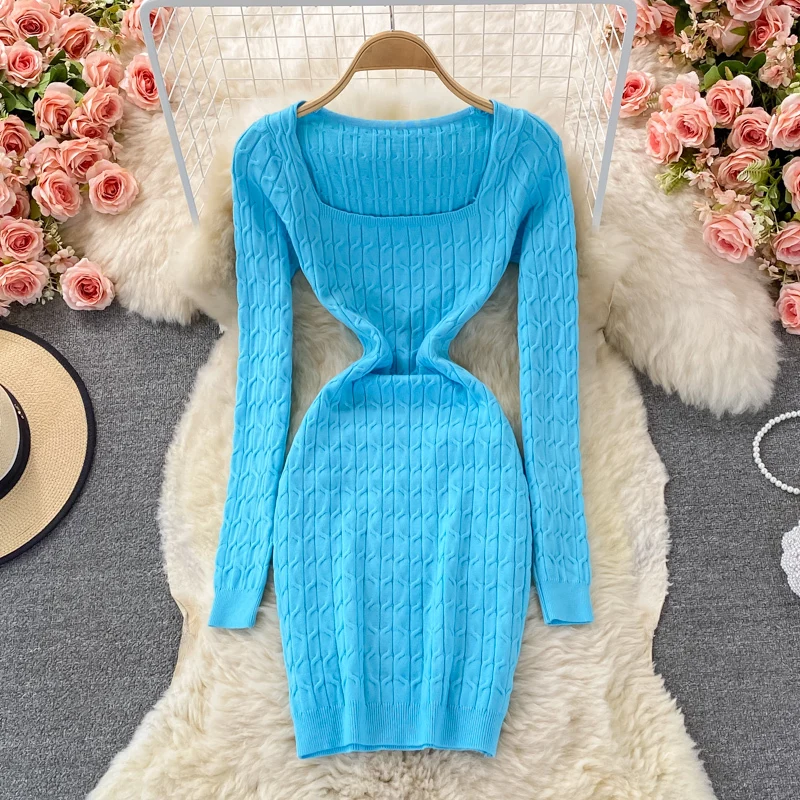 

Модные однотонные вязаные мини-платья в Корейском стиле, женское повседневное облегающее платье-футляр, платье-свитер, женское нижнее плат...