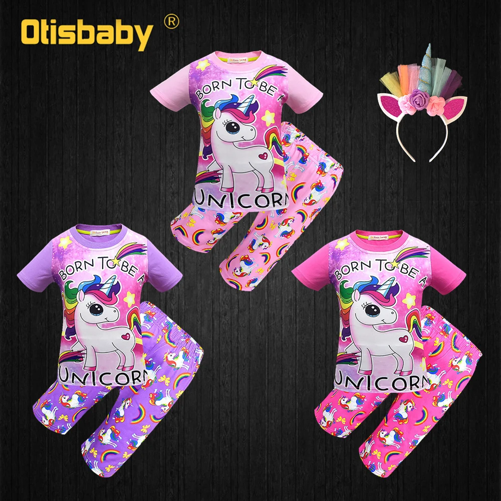 Пижамы для девочек с единорогом 100% хлопок летняя Пижама коротким рукавом розовая