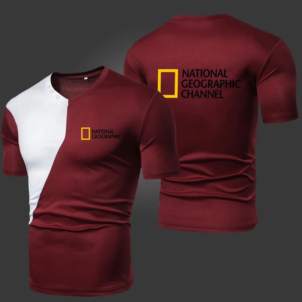

2021 New National Men's T-Shirts Solid Color Splicing Casual Breathable Sports Slim Fitting Short Sleeve V-Neck Spotswear