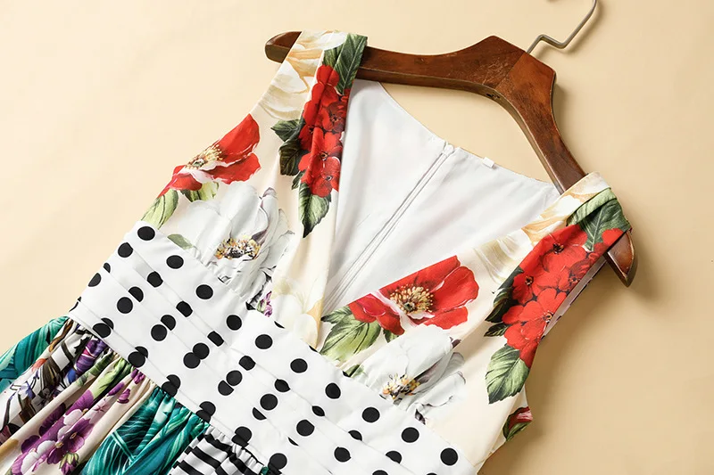 

Hoge Kwaliteit Vrouwen Lente En Zomer Nieuwe Blad Vrouwen Siciliaanse Stijl Gedrukt Mouwloze V-hals Slim Fit Splicing Jurk