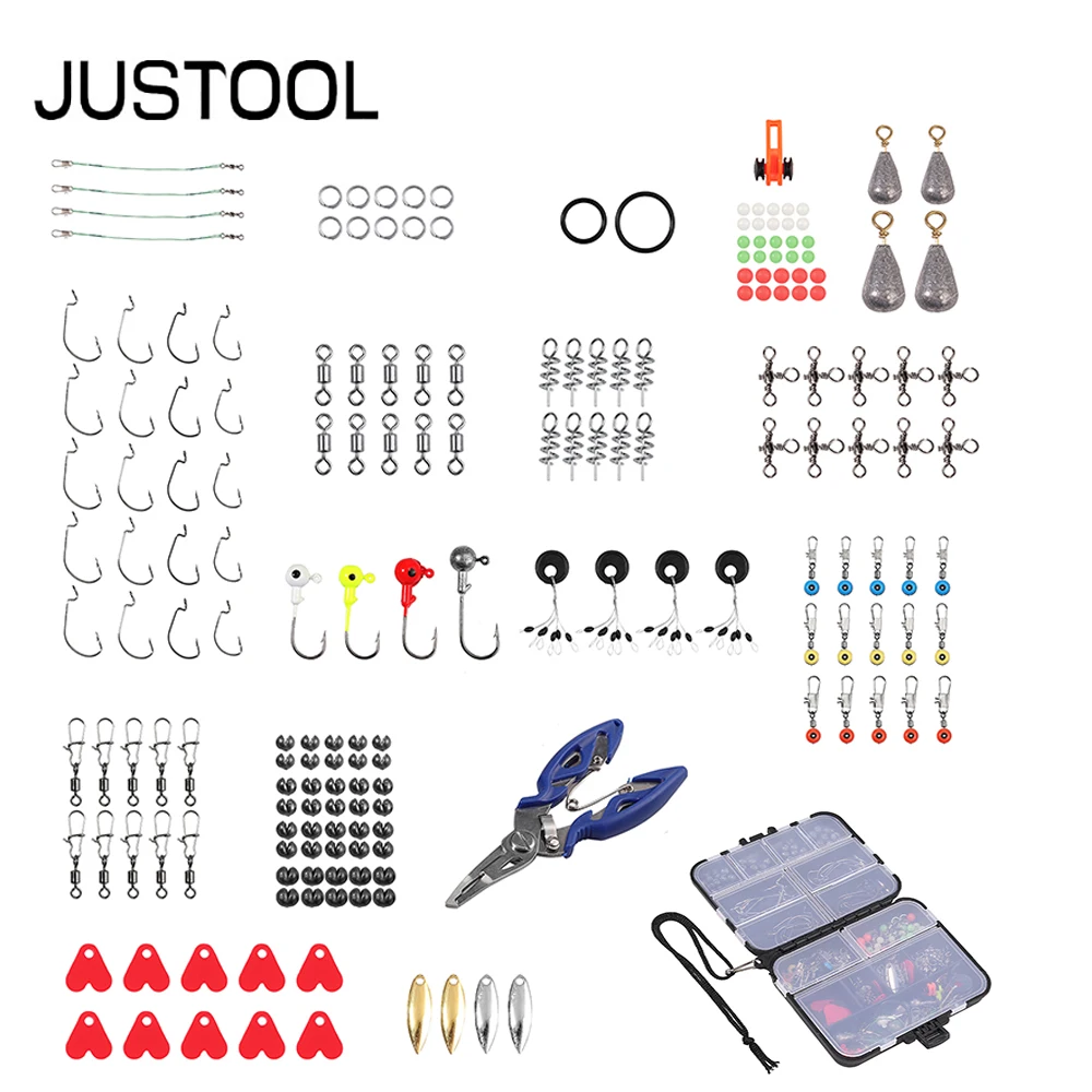 

JUSTOOL 188pcs Stainless Steel Various Fishing Accessories Kit with Plier Fishing Leaders Jig Hooks Spring & Rolling Swivel Snap