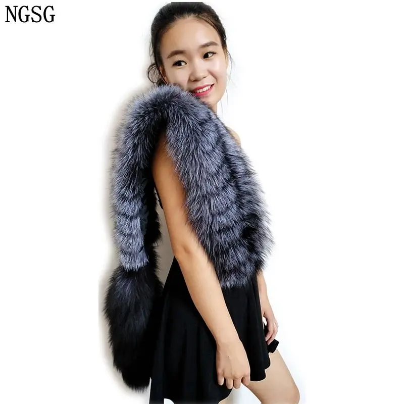 Genuine silver fox fur scarf natural gray stripe fox tail fur scarves women winter party shawl wrap best Christmas birthday gift