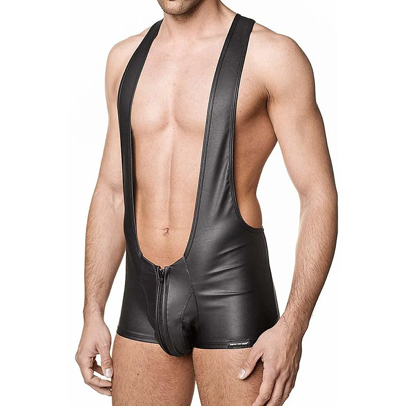 Мужской слитный жилет из искусственной кожи с открытой грудью черная