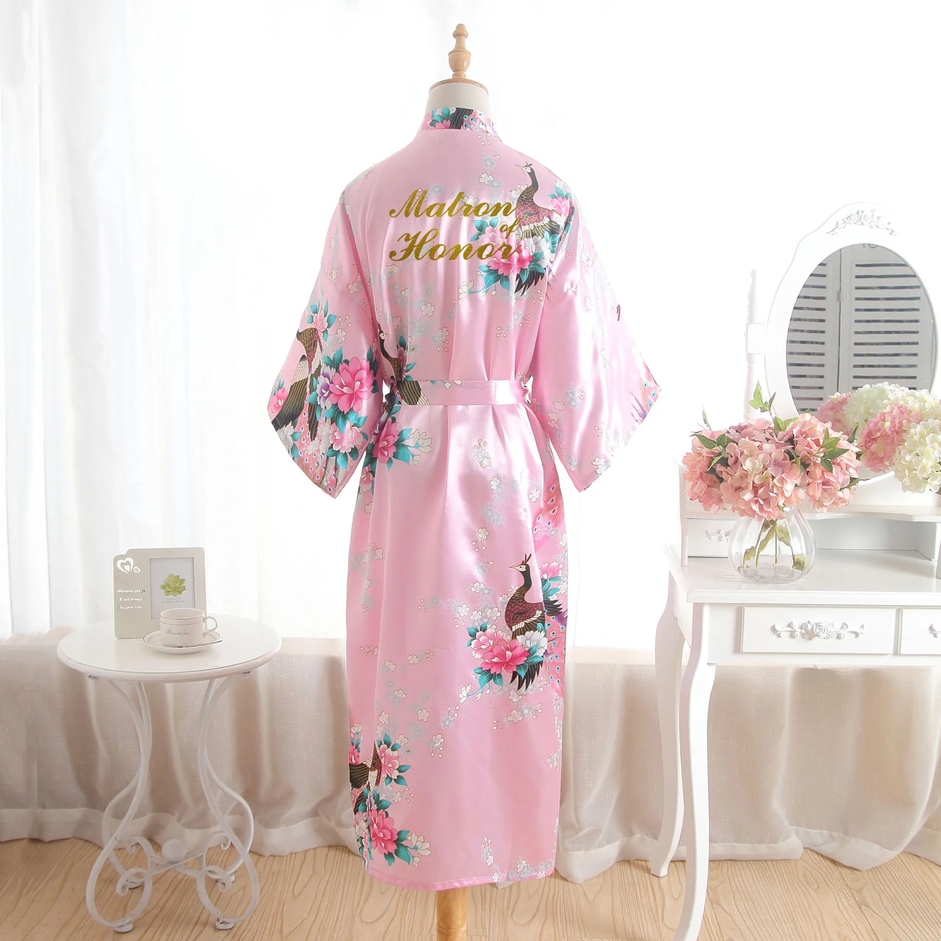 Розовый золотистый длинный атласный шелковый халат для невесты Свадебный