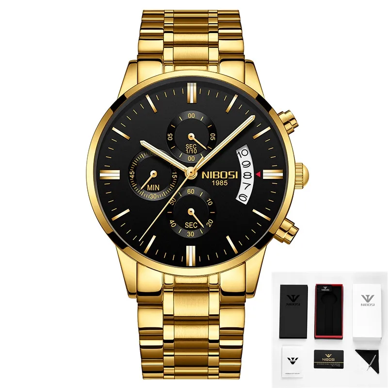1 with box NIBOSI часы Relogio Masculino люксовый бренд Мужские Хронограф деловые Часы мужские стальные кожаные водонепроницаемые кварцевые наручные часы - Цвет: 1 with box