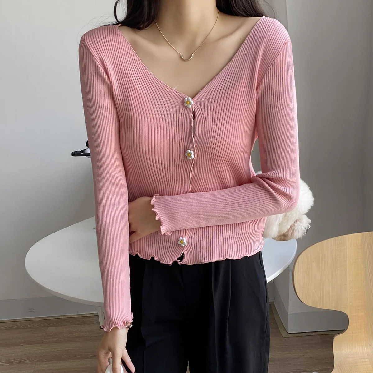 

Autumn/winter Real Shot Cost-effective New Long Sleeve V-neck Thin Knitted Open