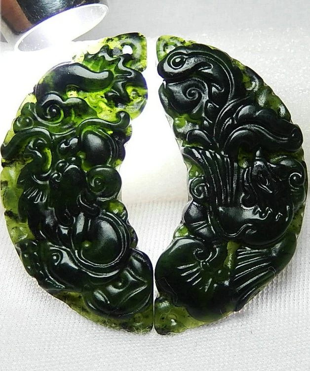 Китайский черный зеленый дракон феникс пара нефритовых подвесок ожерелье из