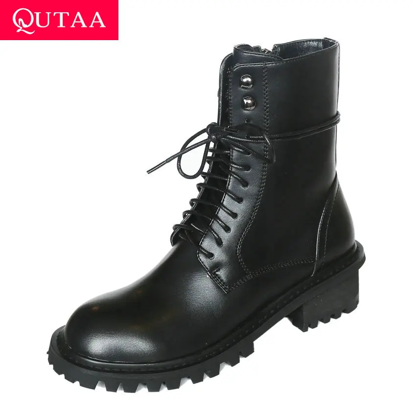 Женские ботильоны из коровьей кожи QUTAA черные повседневные на квадратном каблуке