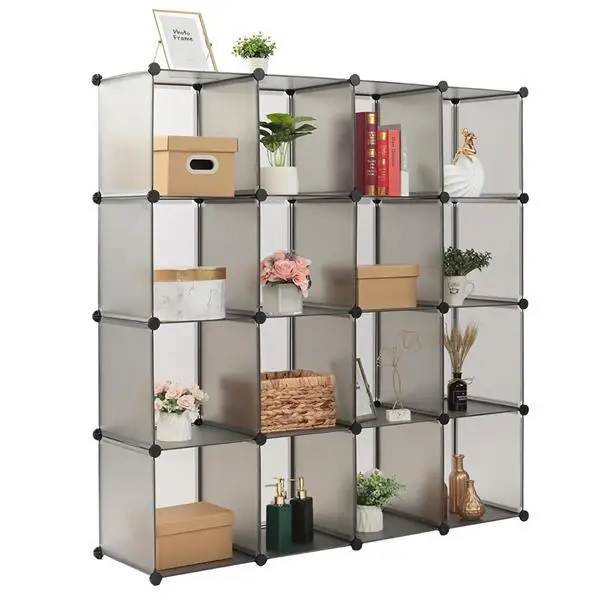 

Cubes Storage Bookshelf Rack 16-Cube Book Shelf Closet Organizer Stand Bookcase Strong and Durable Gray/Black Color[US-Stock]