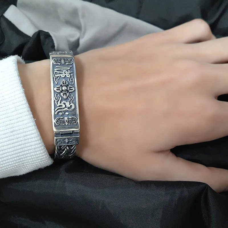 Тяжелый 925 пробы Серебряный Тибетский мантра браслеты для мужчин плетеные шесть