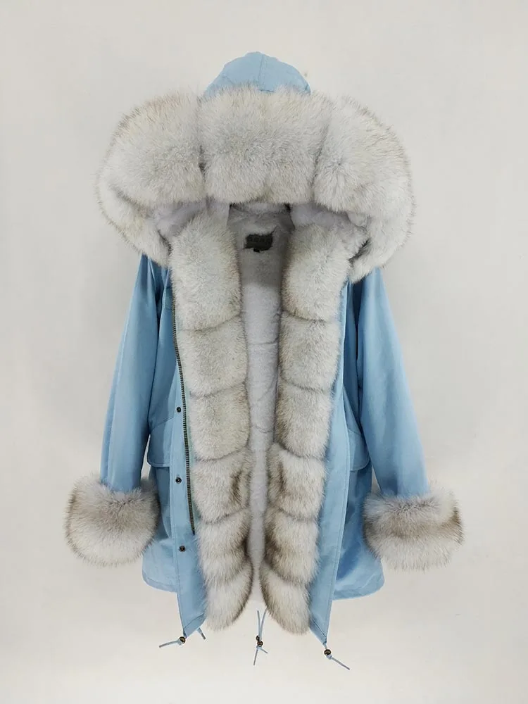 blue fox fur 7 S-7XL, новая зимняя куртка, Женское пальто из натурального меха, длинная парка с воротником из натурального Лисьего меха, верхняя одежда с отстегивающимся мехом - Цвет: blue fox fur 7