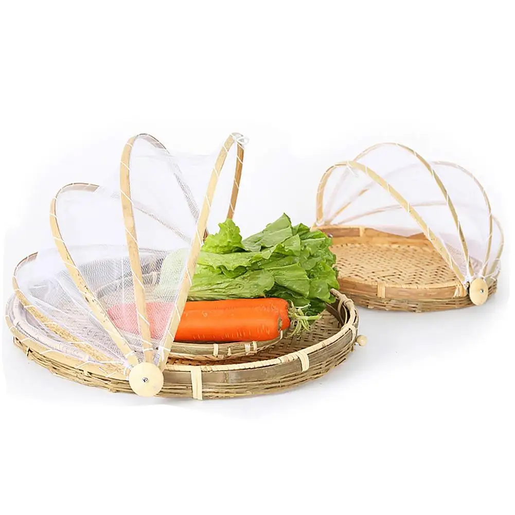 

Multi-use Bamboo Hand-woven Food Serving Basket Tray with Net Cover Fruit Vegetable Bread Storage Container Round Drying Basket