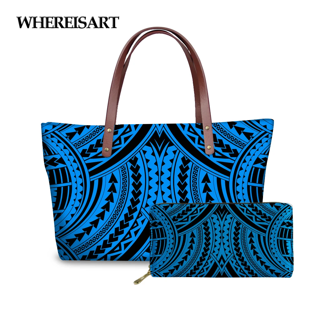 

WHEREISART Hawaiian Style Tribal Tattoos Printing Women Fashion Handbags Big Long Wallets Set Holder Cards Coins Leather Purses