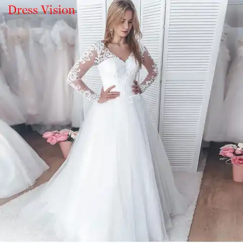 Lace Appliques V-neck Wedding Dresses Long Sleeves Свадебное платье Robe De Soirée De Mariage Bride Gowns Vestido De Noiva