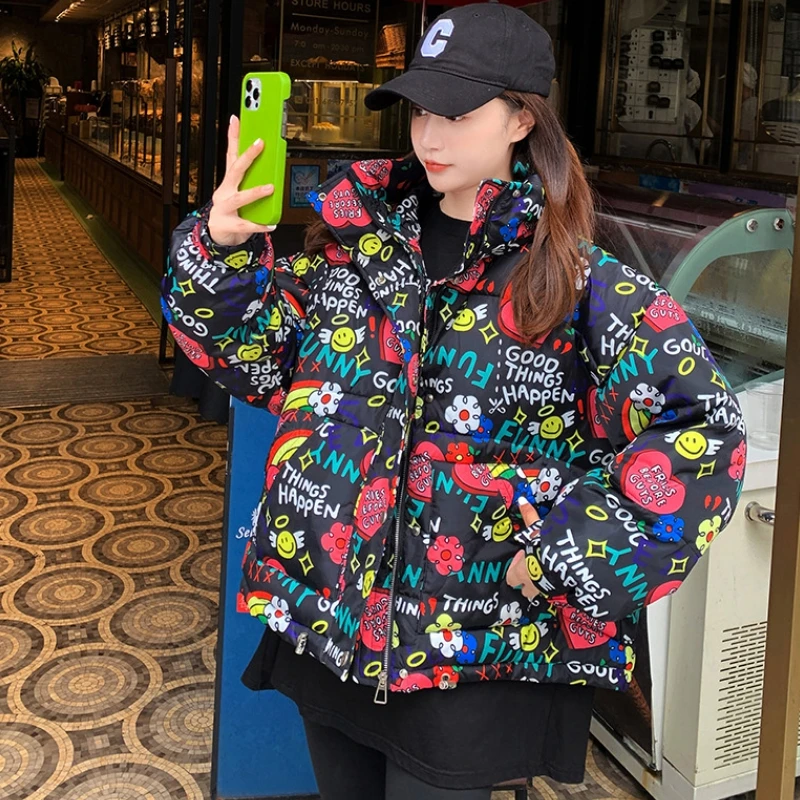 

Winter Thickened Loose Style Down Cotton Jacket For Women Pink Black White Print Casual Bread Parkas Clothes