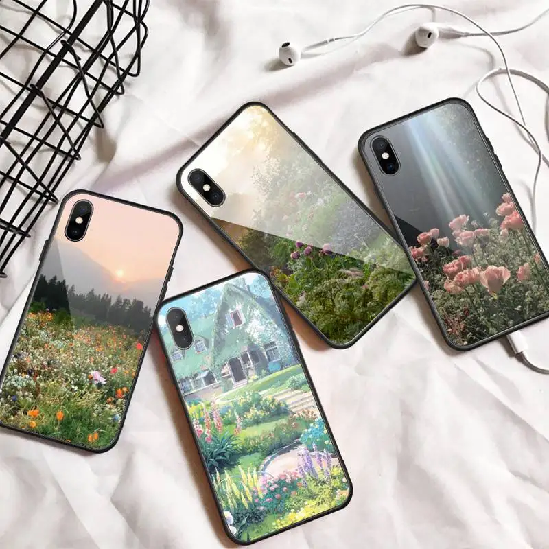 

Cottagecore Flower landscape Phone Case Tempered glass For iphone 6 7 8 plus X XS XR 11 12 13 PRO MAX mini