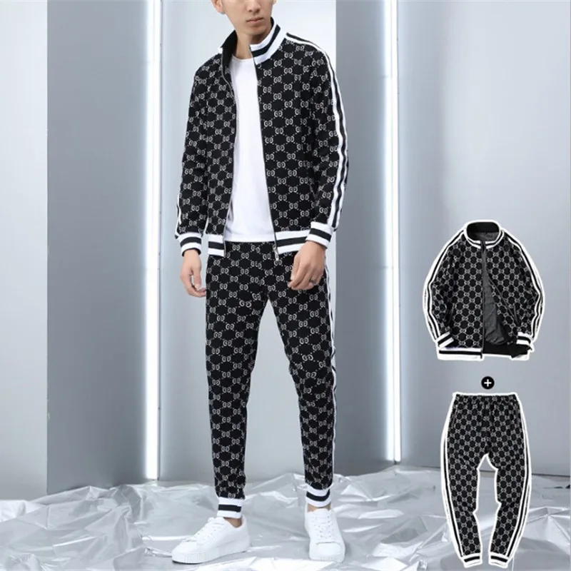 

Hip-hop Spring And autumn New Male suit European and American fas GG Zipper Jacket + 3D Printed Pants Muscle Men's Fitness Suit