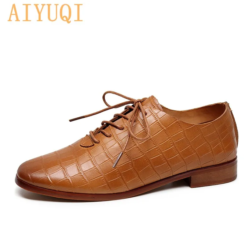 

AIYUQI Shoes Women Genuine Leather Natural 2021 Spring New Low-heel Lace Women Vintage Shoes Casual Commuter Shoes Ladies