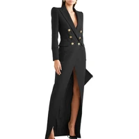 women black long suit evening dress with full sleeves 2022 sexy split front deep v neck buttons celebrity party gown runway
