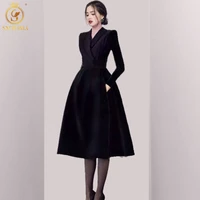 smthma 2021 new fashion runway black lapel long dress women temperament slim waist long sleeves elegant dress vestidos