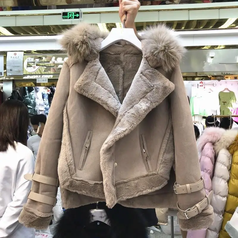 Зимнее пальто из овечьей шерсти женские толстые мотоциклетные замшевые кожаные