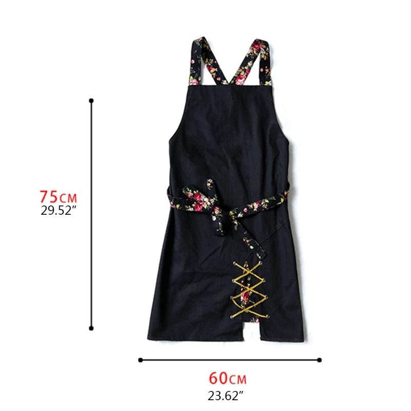 

E7CB Women Pastoral Floral Strap Retro Apron Split Hem Crisscross Bandage Adjustable Long Ties Flower Shop Canvas Aprons Bib