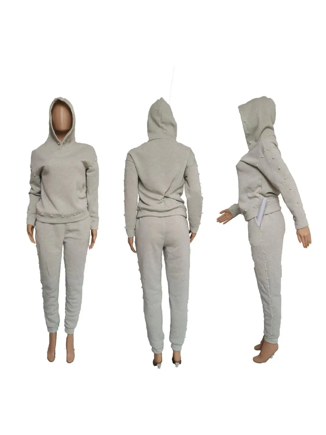 

2020 Winter Latest Women Beading Solid Two Piece Sets Keep Warm Lady Long Sleeve Hoodies + High Waist Sweatpants Casual Outfits