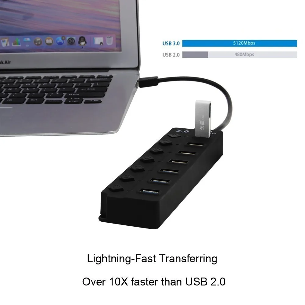 

CHYI USB Hub 3.0 4/7 Ports High Speed USB 3.0 Hab Splitter On/Off Switch With EU/US/AU/UK Power Adapter For MacBook Laptop PC