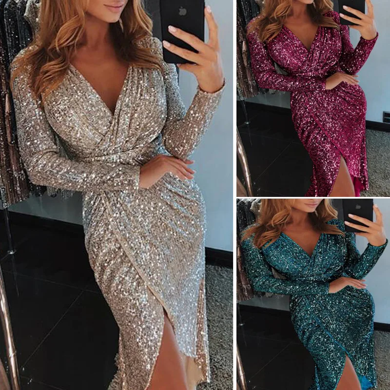 

Explosion style dress skirt long sleeve V-neck sequined evening dress sexy bar dress long dresses for women party wedding