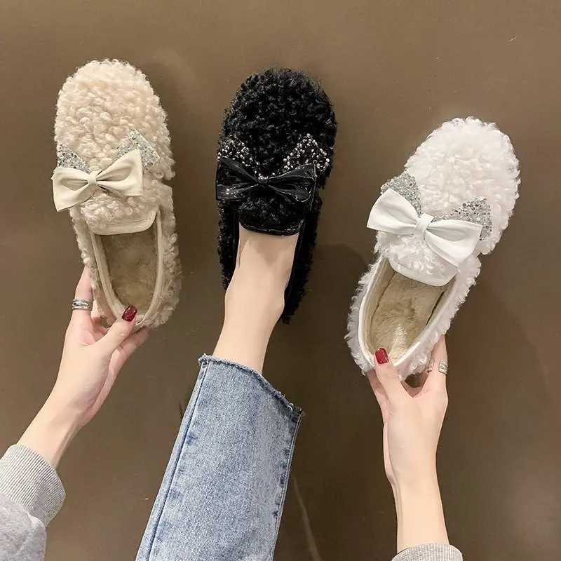 

Women's Flat Shoes Autumn and Winter 2021 Lamb Hair Women's Bow and Velvet Thickening Outer Wear Cotton Shoes Women
