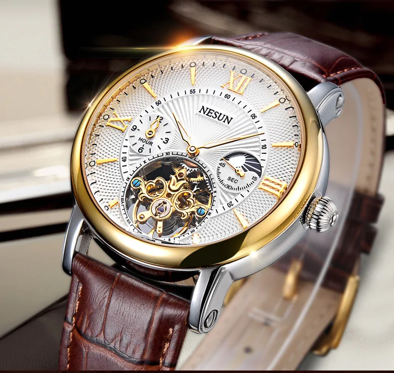 Швейцарские часы Nesun Skeleton Tourbillon для мужчин Топ люксовый бренд автоматические механические мужские часы водонепроницаемые relogio N9091-3