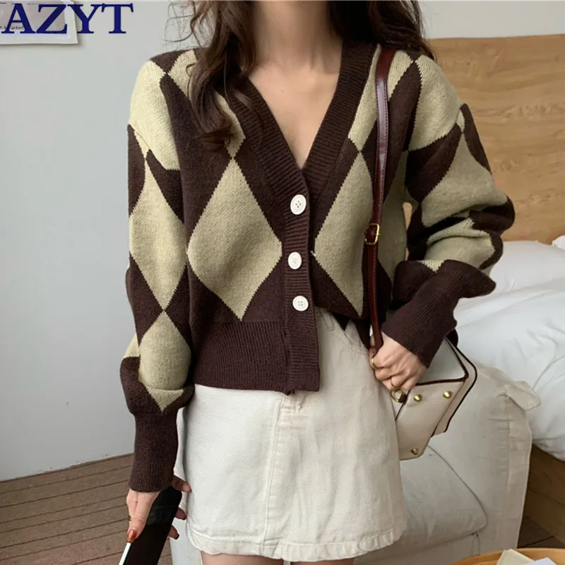 

AZYT Vintage Panelled Argyle Women Sweater Cardigan All-match Knitwear Casual Pull Femme 2022 Spring Short Cardigan Female