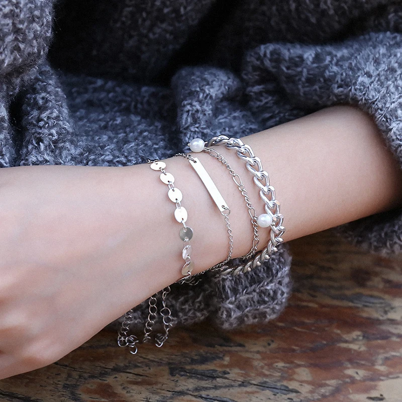 

4pcs Tassel Pearl Bracelet Sets For Women Simple Geometric Sequined Hand Chain Vintage Jewelry Girls Gifts Wedding Bracelet