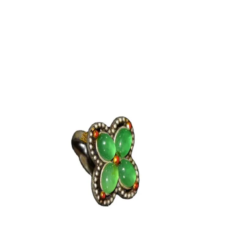 

China Old Tibetan Silver Inlaid Emerald Clover Ring Ornament