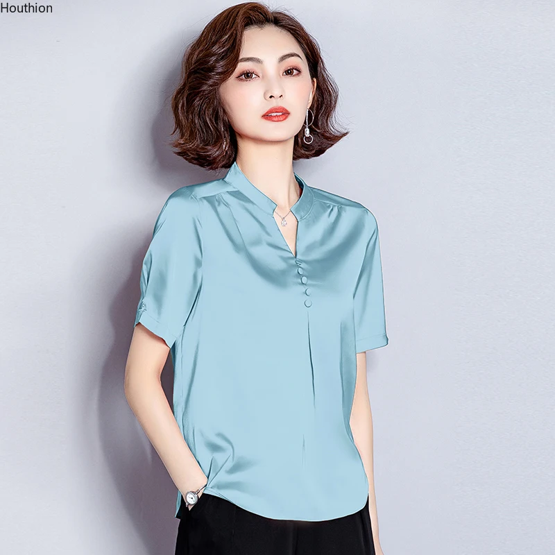 

Houthion Women's Blouse Solid Color Tops Plus Size High-end Dropshipping V-neck Silk Casual Fashion Short Sleeve Shirts Summer