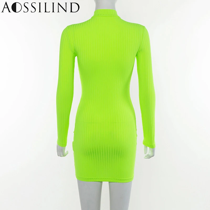 Неоново-желтое облегающее платье AOSSILIND с длинным рукавом Осень-зима 2019