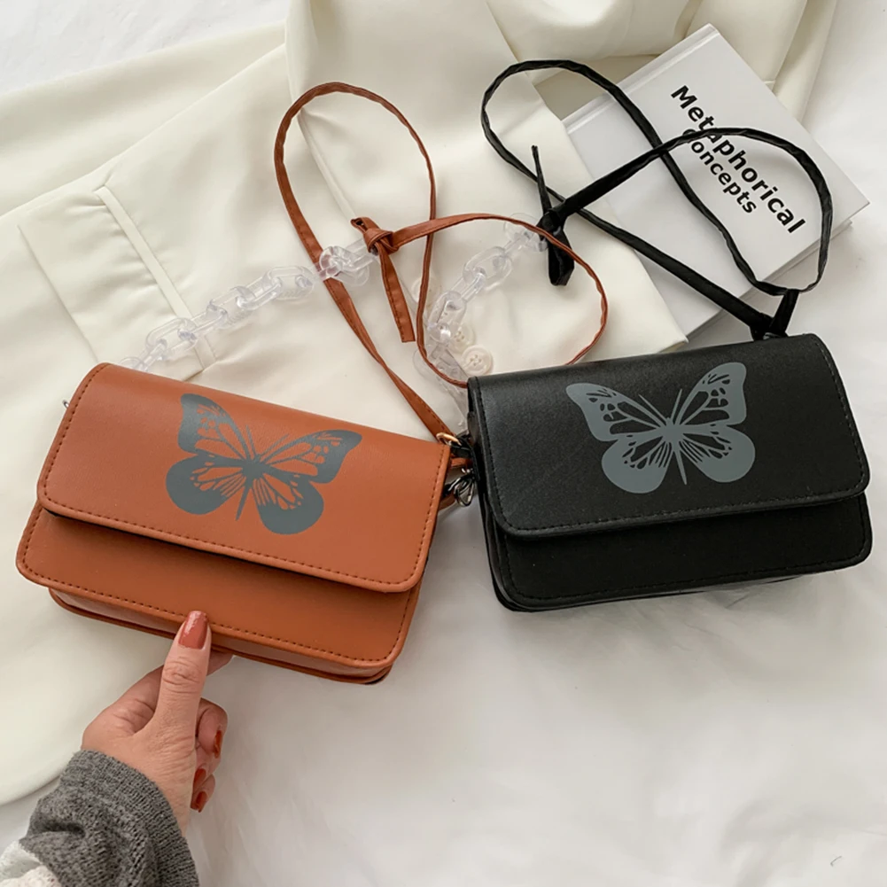 

Vintage Women PU Leather Butterfly Printing Crossbody Shoulder Messenger Bag Casual Ladies Acrylic Chain Mini Handbags Flap Purs