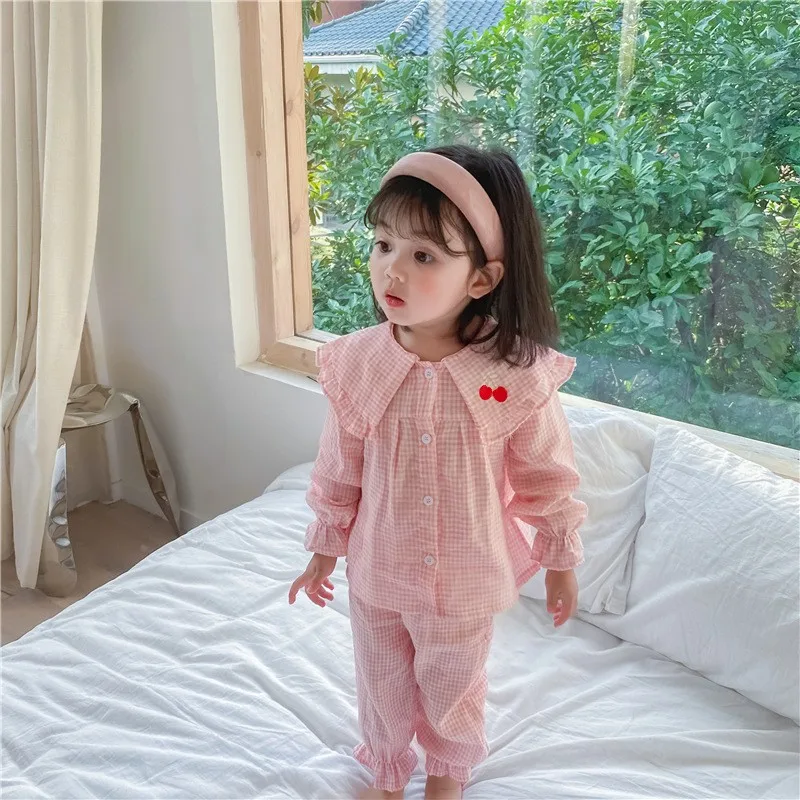 Korean Plaid Baby Girl Clothes set Long Pants Long-sleeved Home Service suit Cotton Kids Pajamas Children Sleepwear | Детская одежда и