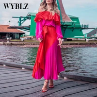autumn long sleeve slim long dress slash neck pleated ruffed with sashes maxi dress red big swing party dress for women 2021