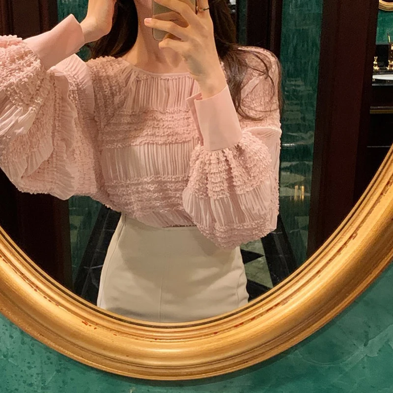WHITNEY WANG Blouses 2020 Spring Fashion Streetwear Lantern Sleeve Ruffled Chiffon Blouse Women Blusas Lady Shirt Top | Женская одежда