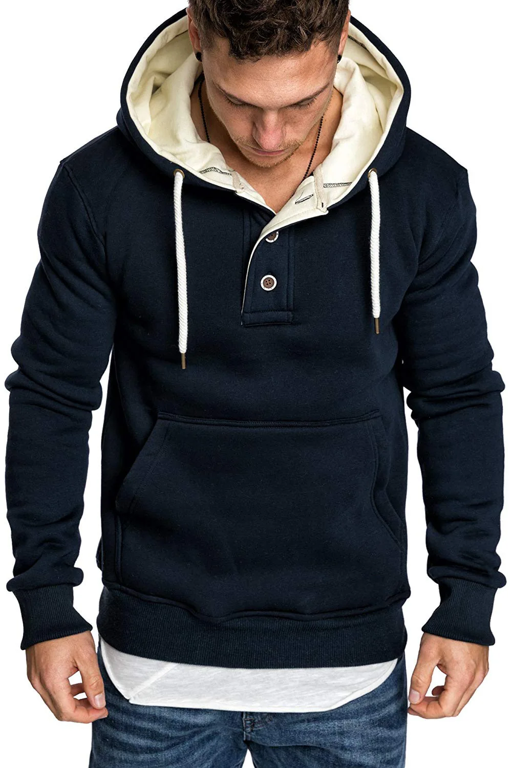 

Men's Fashion Winter Hoodie Warm Hooded Sweatshirt Button Fleece Drawstring Necking sleeve Outwear outer garment
