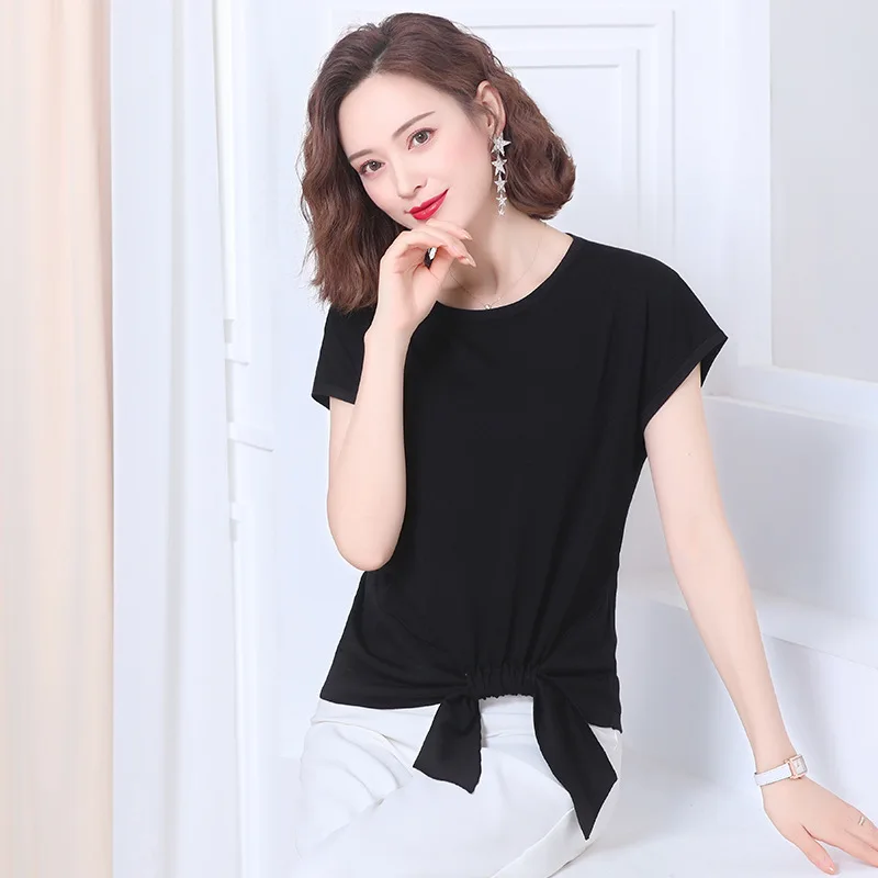 

Женская футболка с круглым вырезом, однотонная трикотажная футболка с поясом на талии, Новинка лета 2021