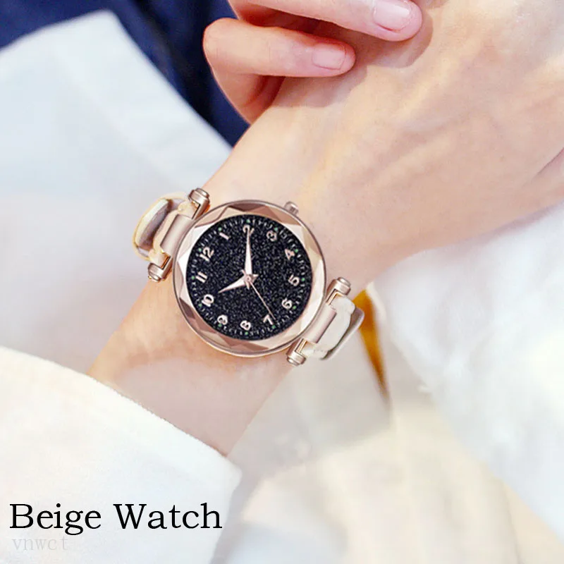 Beige watch Модные женские часы,, звездное небо, часы с циферблатом, роскошный женский браслет, женские часы, кварцевые наручные часы, Relogios Feminino - Цвет: Beige watch