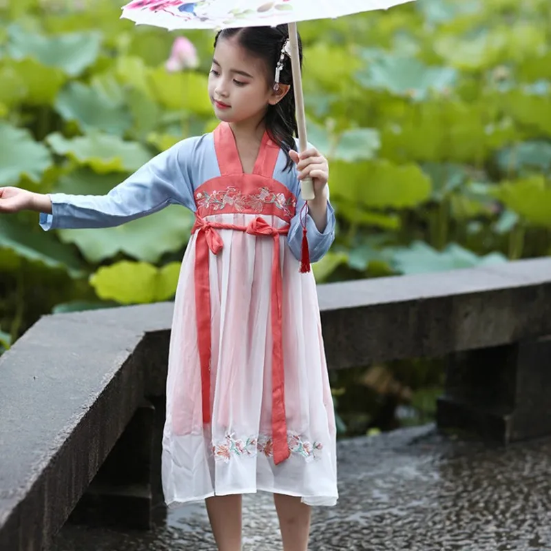 

Girls Chinese National Style Princess Dresses Children Traditional Long Sleeve Dress Tang Dynasty Girl Embroidery Belt Clothes