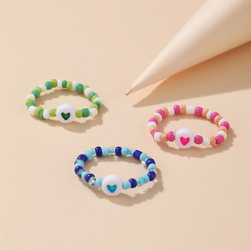 

Mori Y2K Style Beads Ring Handmade Beaded Love Soft Terracotta Beads Elastic Rings For Women Simple Girly Jewelry Accessories